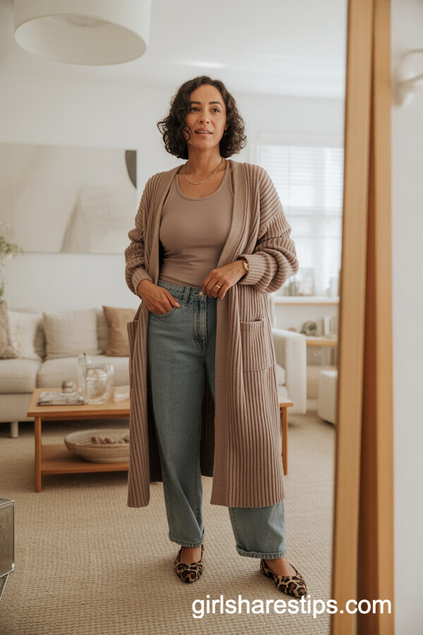Long Cardigan and Fitted Tank with Baggy Jeans