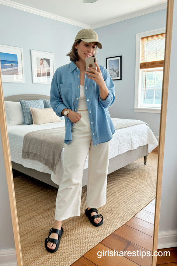 Coastal Cool Baseball Mom Outfit With White Wide-Leg Pants