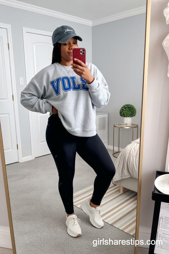 Light Gray Sweatshirt And Leggings Baseball Mom Look
