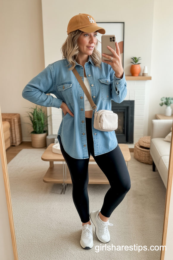 Denim Shirt Jacket Baseball Mom Outfit With Leggings