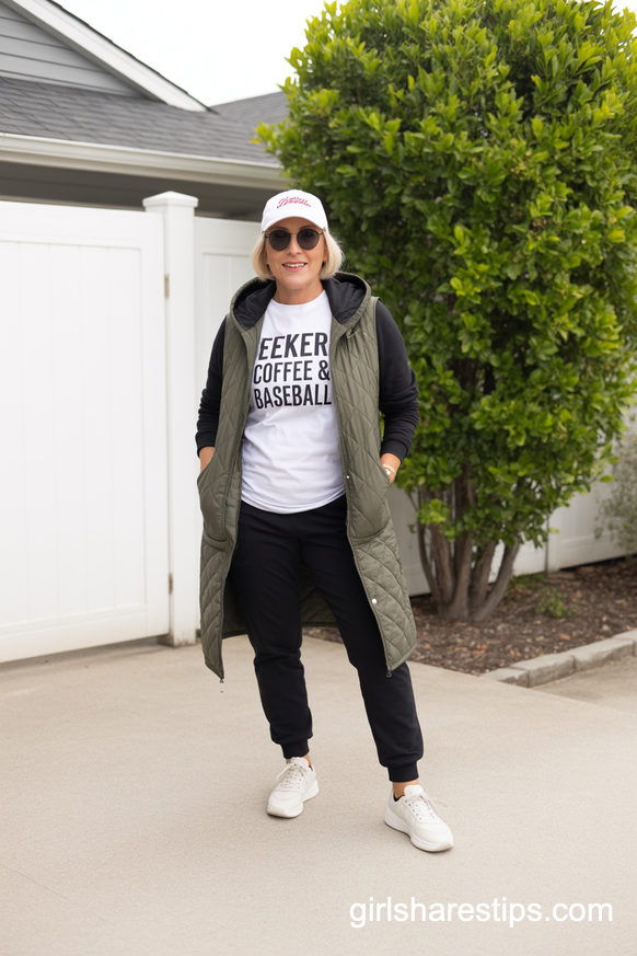 Quilted Vest And Joggers Baseball Mom Driveway Outfit