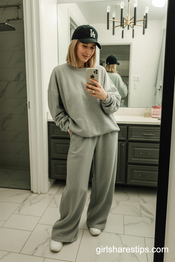 Cozy Gray Loungewear Baseball Mom Set With Cap