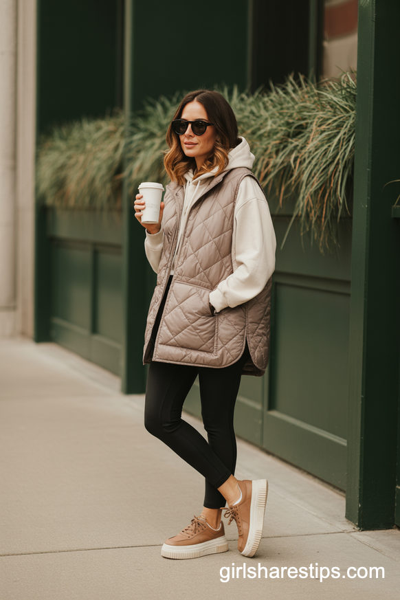 Beige Puffer Vest Baseball Mom Outfit With Leggings