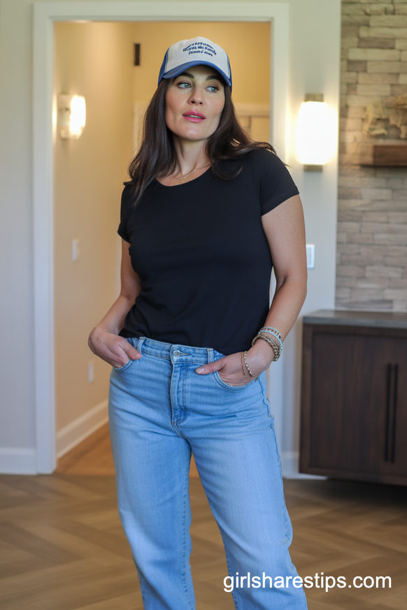 Classic Black Tee And Straight-Leg Jeans Baseball Mom Look