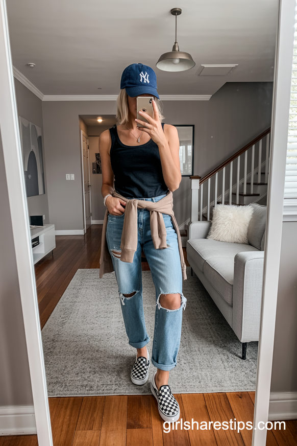 Distressed Jeans And Cardigan Baseball Mom Streetwear Outfit