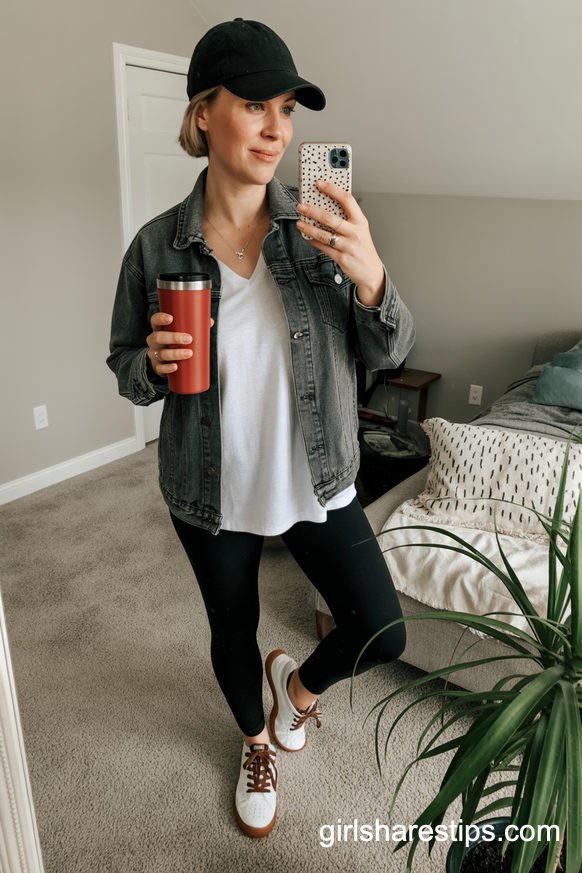 Denim Jacket And Leggings Baseball Mom Coffee Run Look