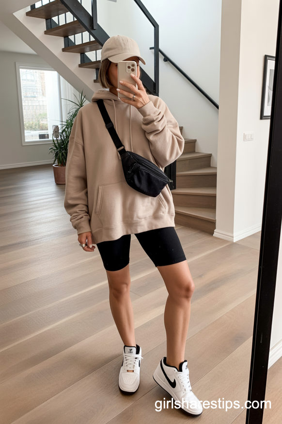 Oversized Hoodie And Biker Shorts Baseball Mom Outfit