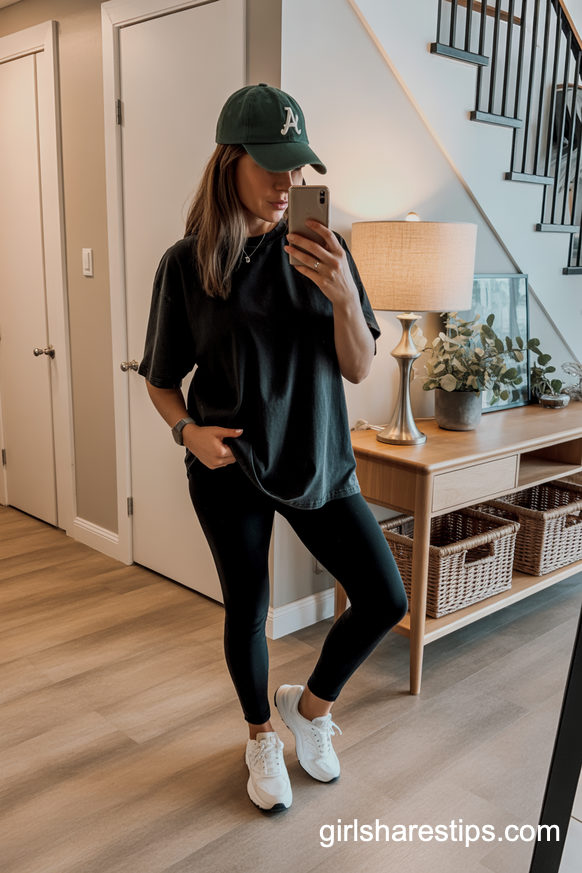 All-Black Baseball Mom Athleisure Outfit With Green Cap