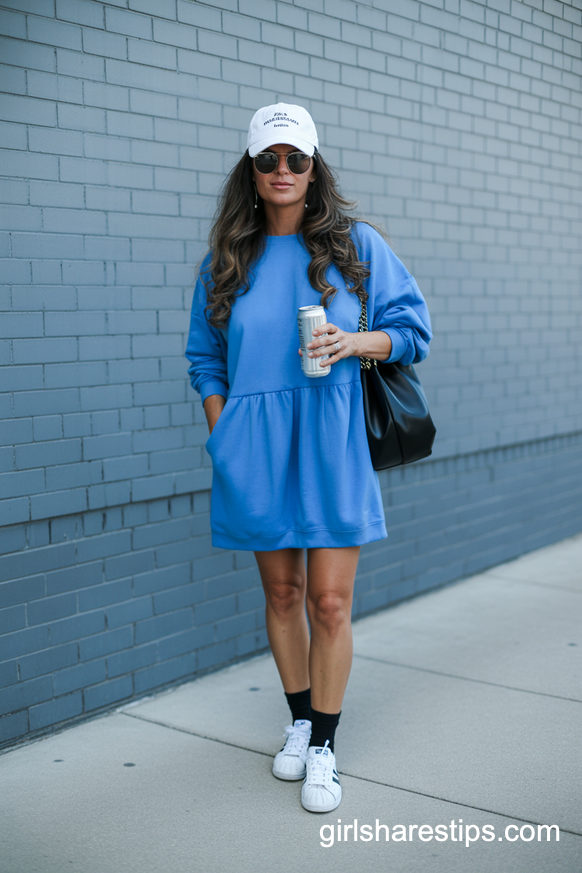 Royal Blue Sweatshirt Dress Baseball Mom Look