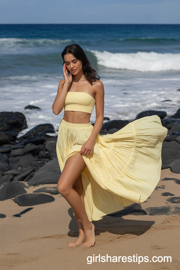 Pale Yellow Strapless Crop Top and Flowing Skirt
