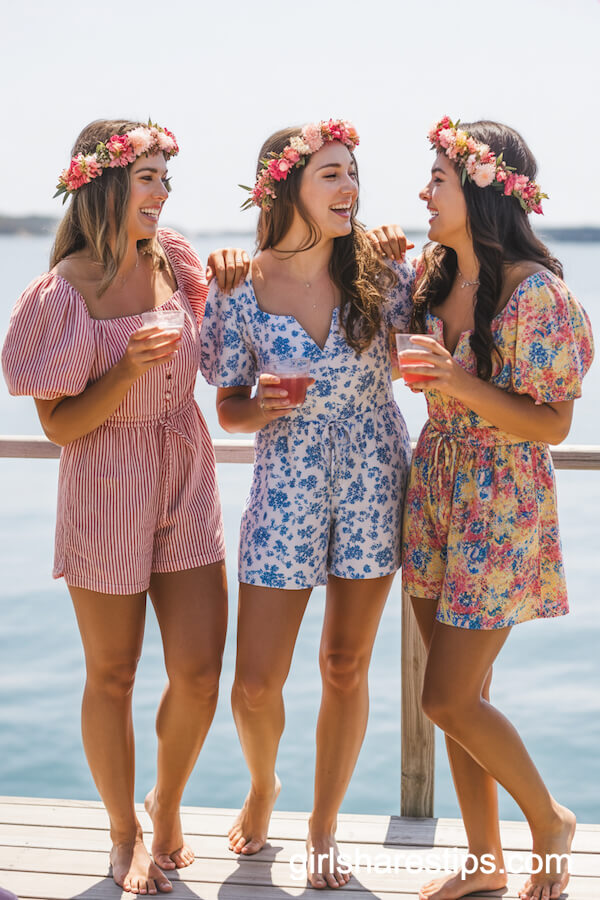 Short Summery Rompers in Different Patterns with Flower Crowns