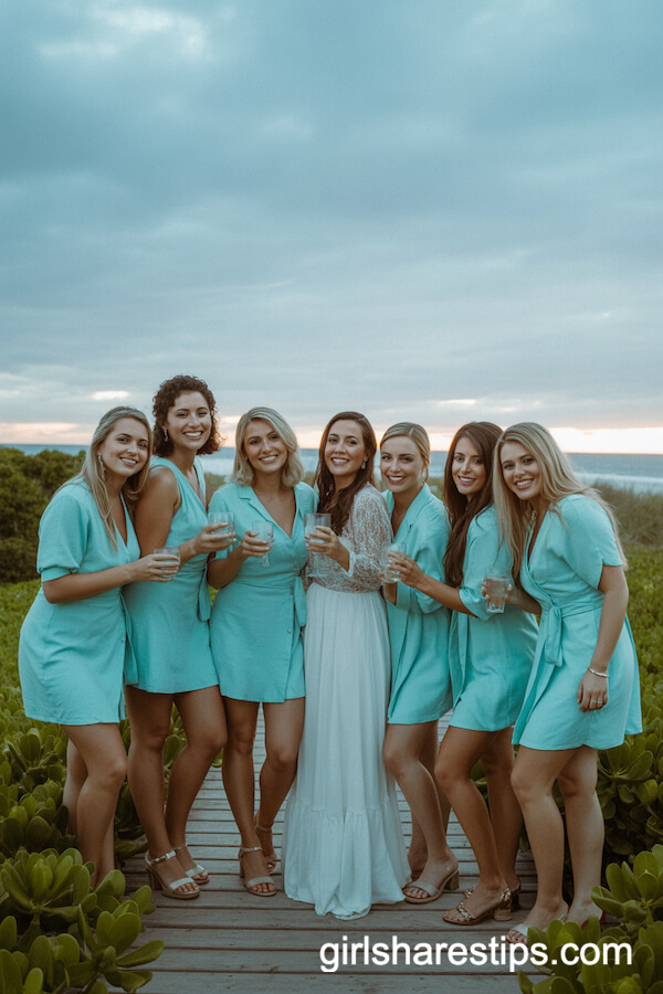 Matching Turquoise Mini Dresses with Bride in Elegant White Lace Gown