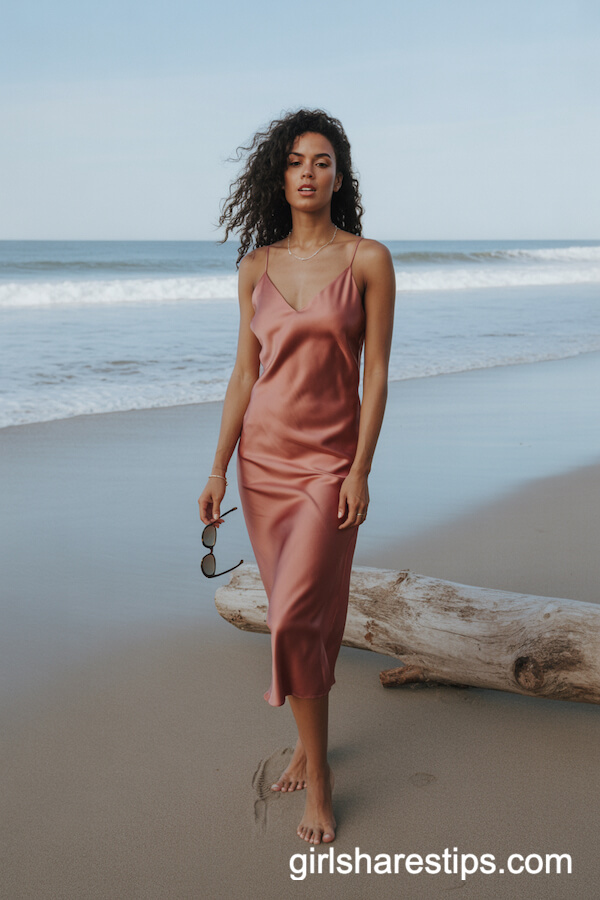 Silky Coral Slip Dress with Wind-Blown Curls