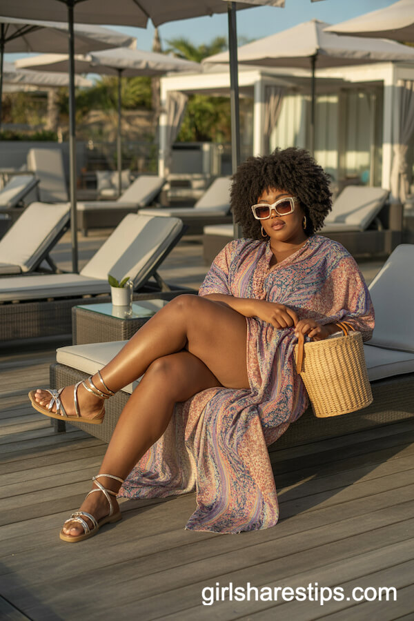 Vibrant patterned caftan with strappy sandals