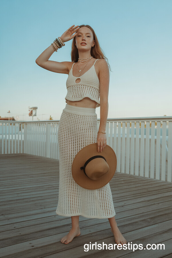 Cream crochet crop top and matching skirt