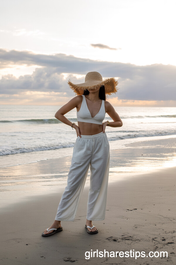 White bralette crop top with loose high-waisted pants