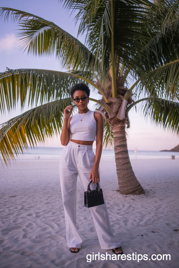 Sleeveless fitted white crop top with high-waisted pants