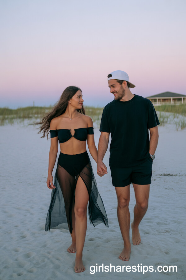 Black off-the-shoulder bikini top with sheer black skirt