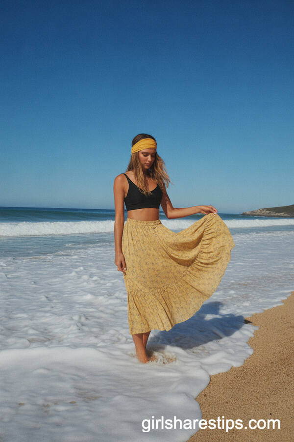 Black crop bikini top with yellow floral maxi skirt