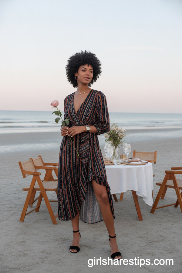Bold boho wrap dress with ankle-strap sandals