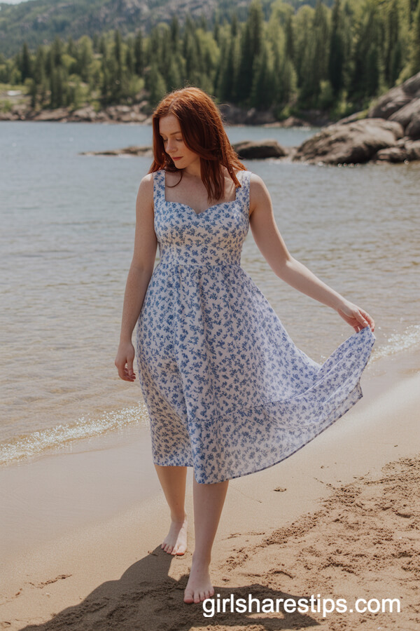 Sleeveless blue and white floral midi dress