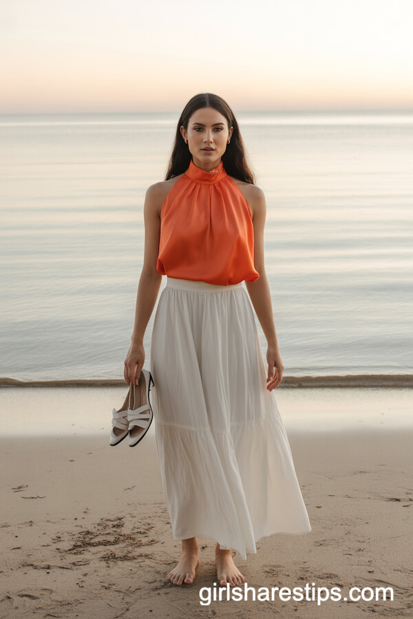 Orange sleeveless blouse with a flowy white maxi skirt
