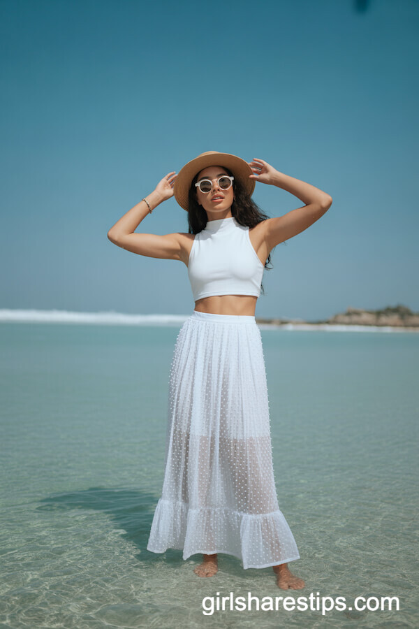 Sleeveless white crop top with a textured long skirt