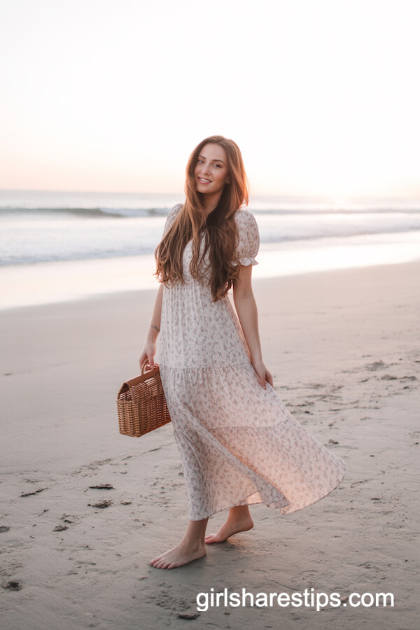 Pastel Floral Maxi Dress with Wicker Bag