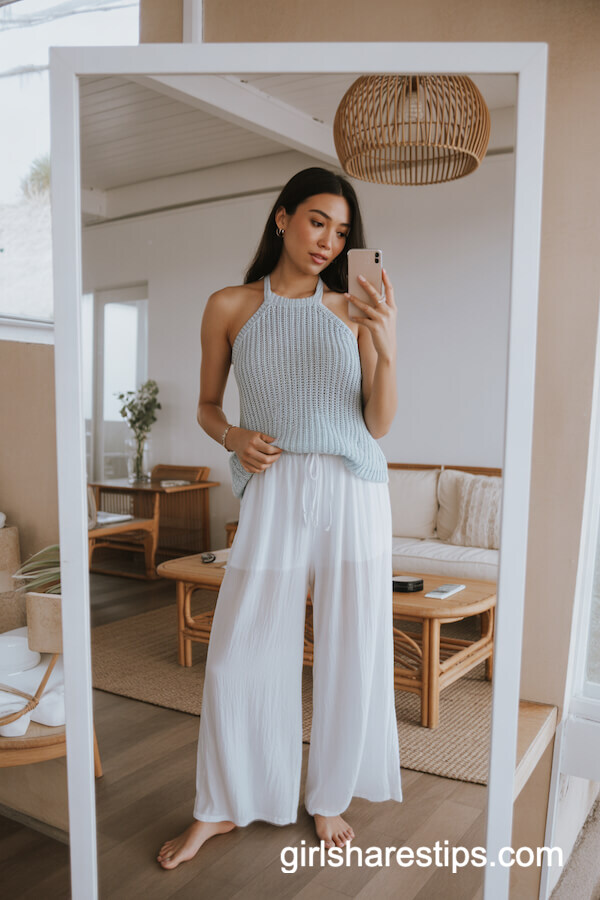 Flowy White Palazzo Pants with Pale Blue Halter