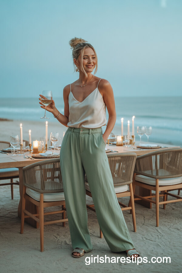 Sage Green Trousers with Cream Silk Cami