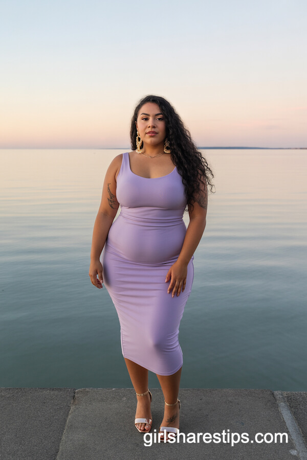 Lilac Bodycon Dress with Gold Earrings