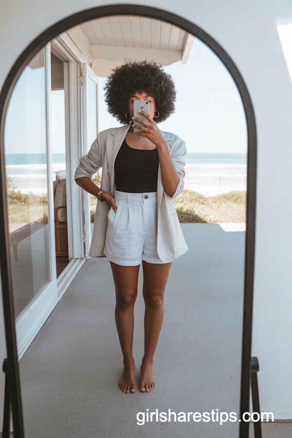 White High-Waisted Shorts with Beige Blazer