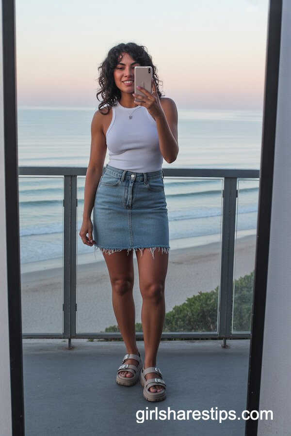 Denim Mini Skirt with Fitted White Tank