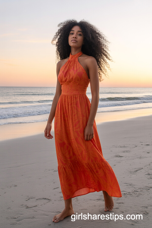Orange Floral Halter Maxi Dress