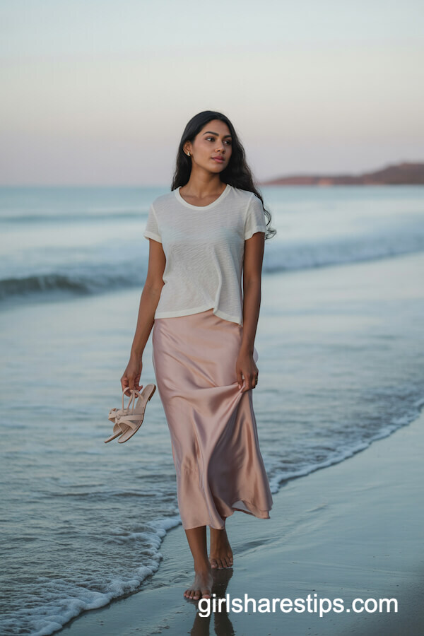 Blush Pink Silk Slip Skirt with White Tee