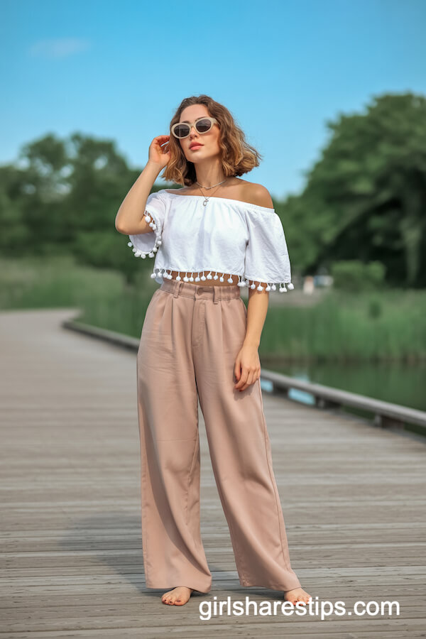 White Off-Shoulder Crop Top with Tan Pants