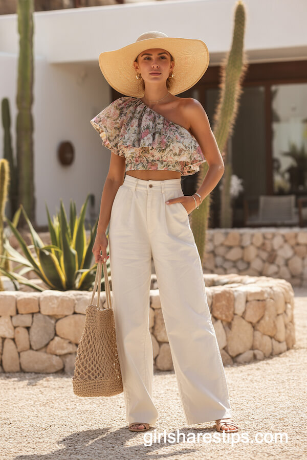 One-Shoulder Floral Crop Top with White Pants