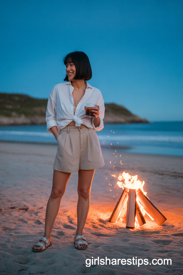 Beige Linen Shorts with White Button-Up Shirt