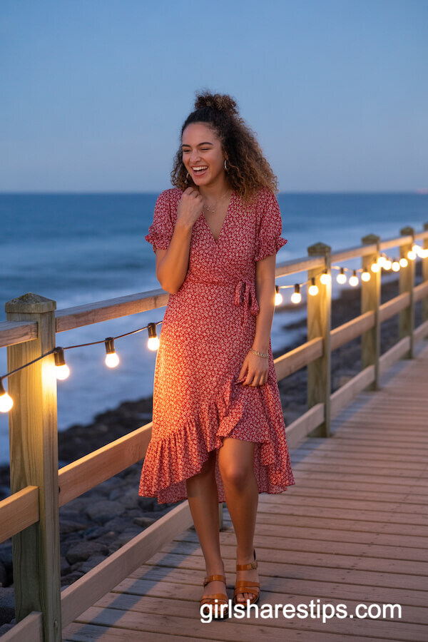 Red Floral Wrap Dress with Leather Sandals