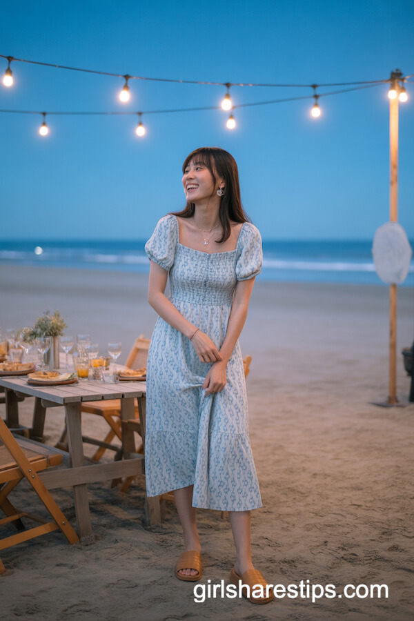 Blue and White Patterned Midi Dress