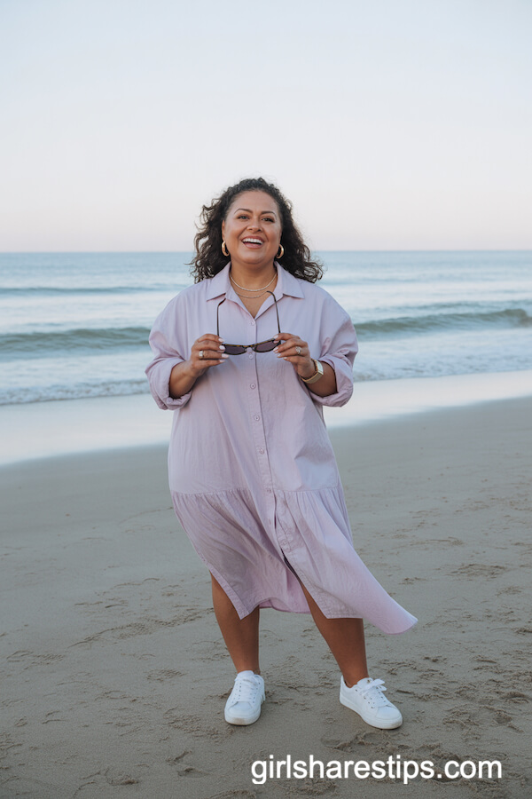 Pastel Button-Down Shirt Dress with White Sneakers