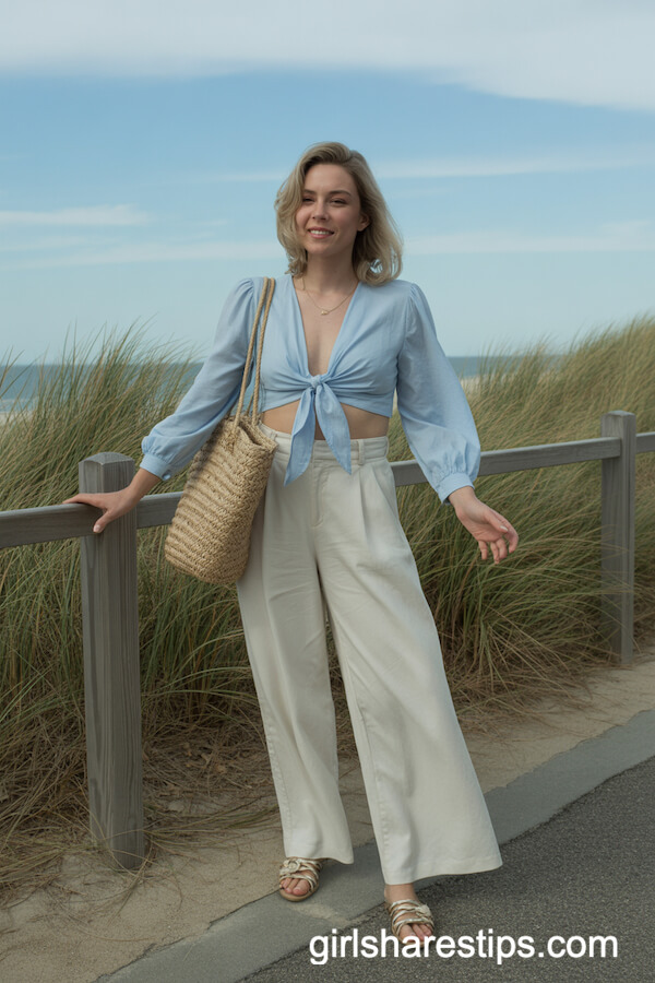 Baby Blue Tie Front Blouse with Cream Wide Leg Pants