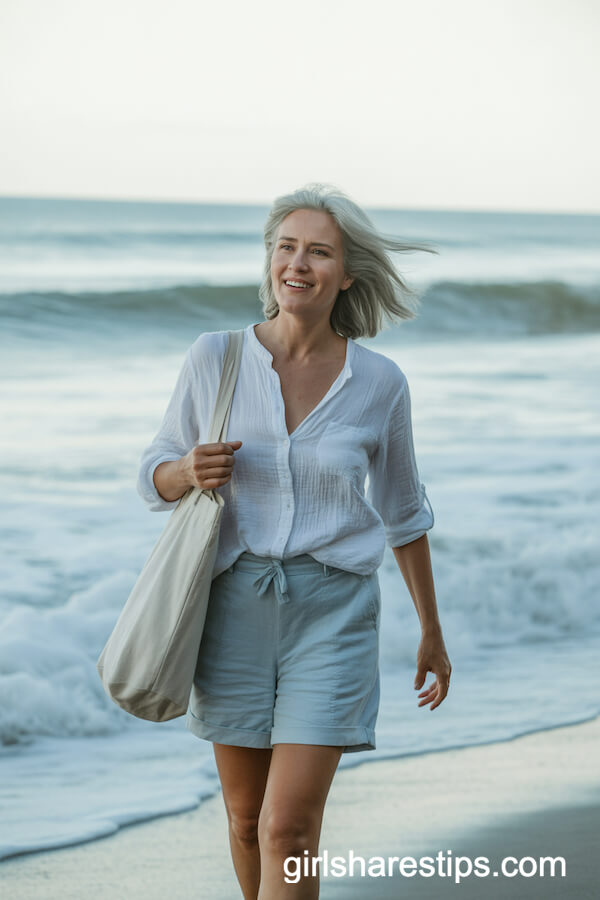 Pale Blue Linen Shorts with Soft White Cotton Blouse