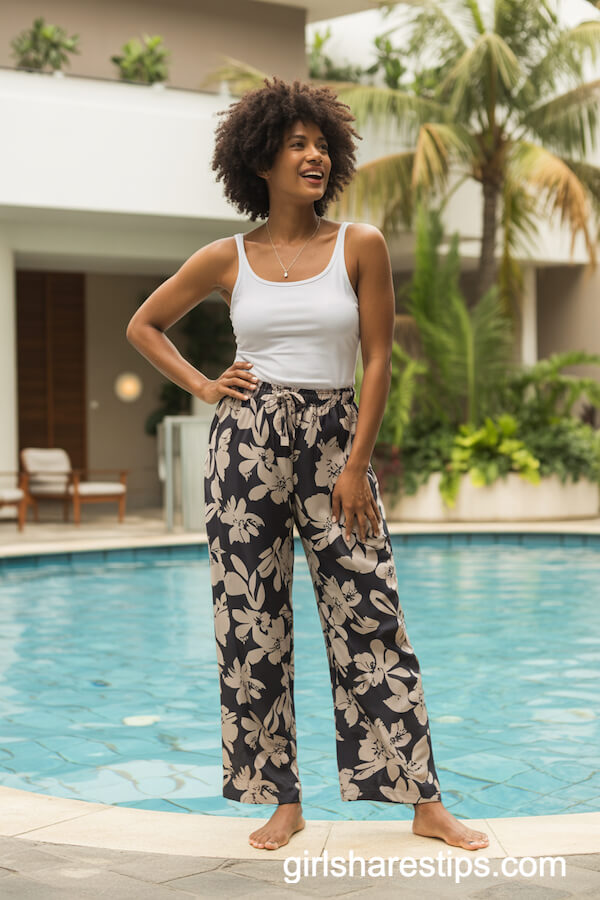 Floral Print Beach Pants with White Fitted Tank
