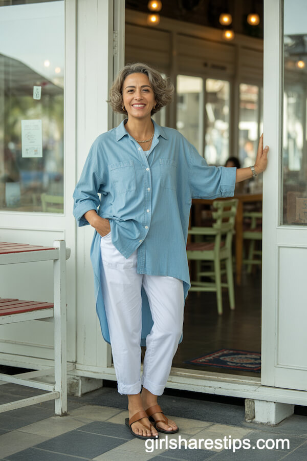 Loose Chambray Shirt Dress Over White Beach Slacks