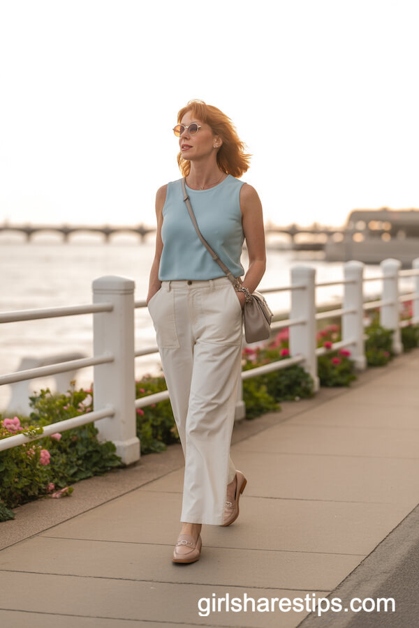 Pastel Blue Sleeveless Tank Top with White Pants