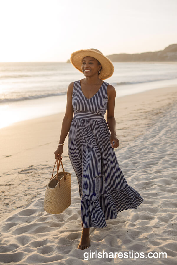 Navy-and-White Striped Maxi Dress with Straw Sunhat