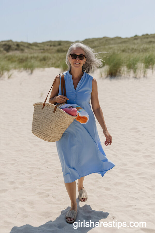 Light Blue Sleeveless Midi Dress with Woven Sandals