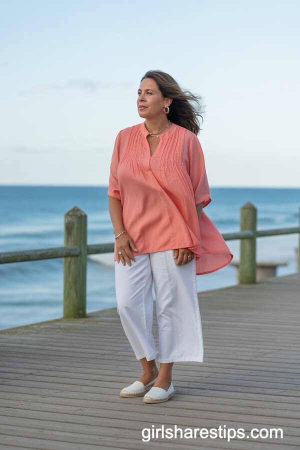 Flowy Coral Tunic and White Cropped Trousers