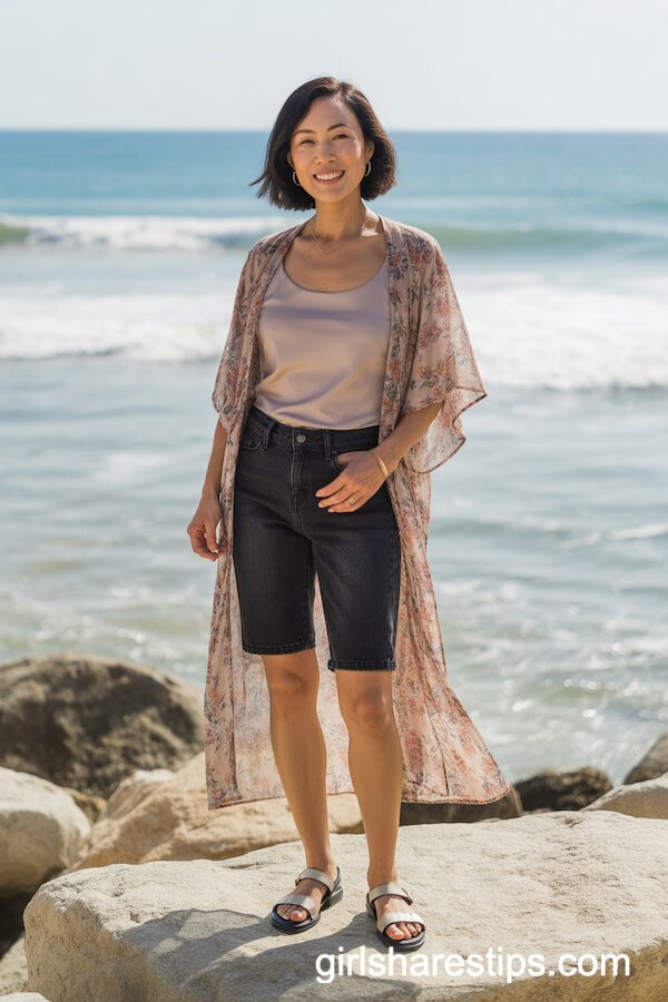 Knee-Length Floral Boho Kimono with Bermuda Shorts